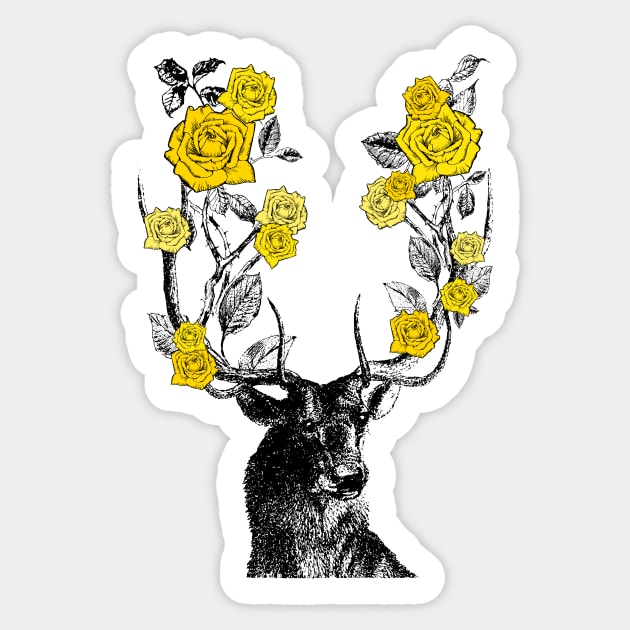 Stag and Roses | Stag and Flowers | Yellow Roses | Sticker by Eclectic At Heart